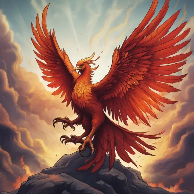 A mythical Phoenix rises from the ashes amidst a backdrop of financial charts and infrastructure projects, illustrating effective economic recovery through supportive government policies