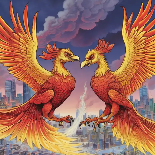 Phoenix birds symbolizing Australia and Japan, rising above economic downturns and economic graphs