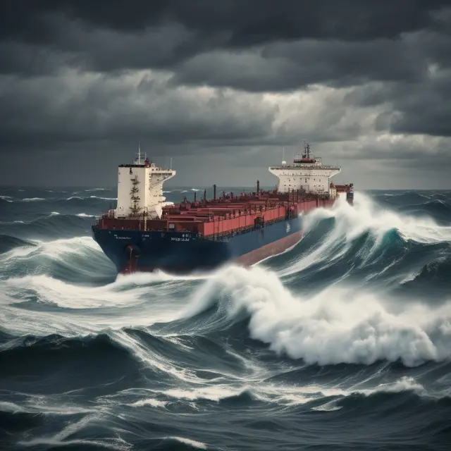 Oil tanker braving waves in a stormy sea, representing the impact of supply shocks on economies