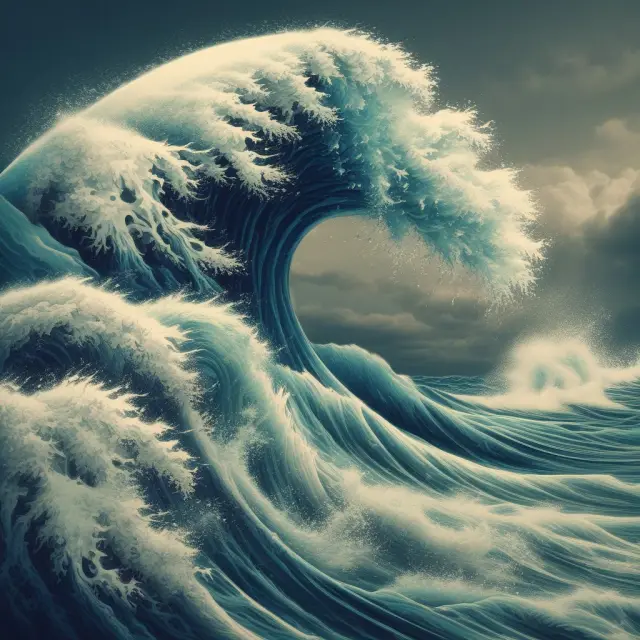 An image of a powerful tsunami wave crashing into financial markets, representing the sudden and unpredictable nature of financial shocks