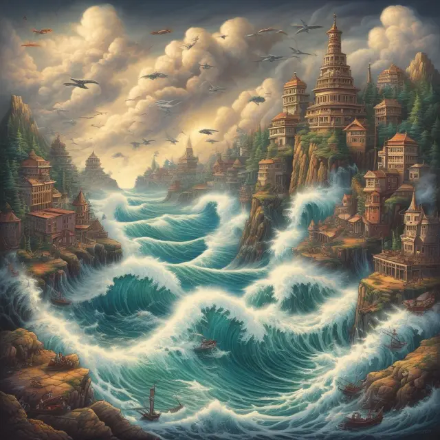 A metaphorical image of a technological wave sweeping through an industrial landscape, symbolizing the disruptive nature of technology shocks.