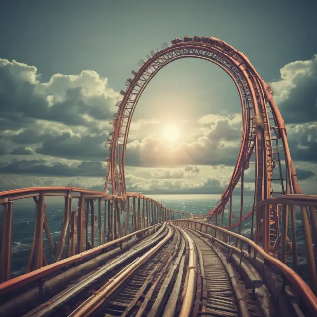 A rollercoaster riding over peaks representing positive economic shocks, and dipping into valleys symbolizing negative ones