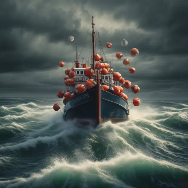 Boat throws lifebuoys to market ships during a storm, representing the CARES Act providing relief