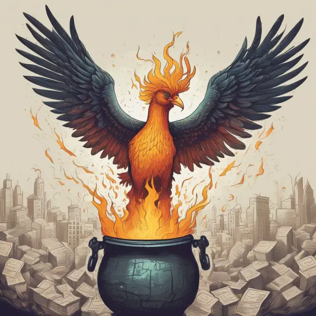 Phoenix emerging from a cauldron filled with economic charts, representing the rebirth of growth through fiscal and monetary policies