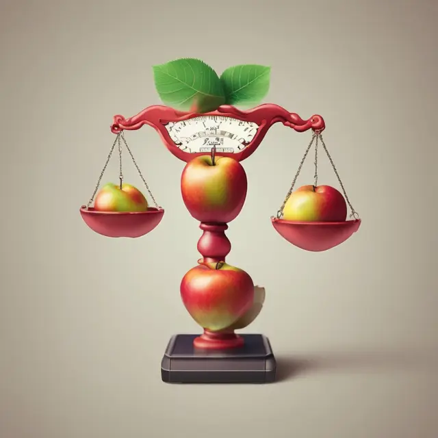 A person holds an apple, representing personal preferences, while a scale balances it against tangible value indicators (pricing methods)