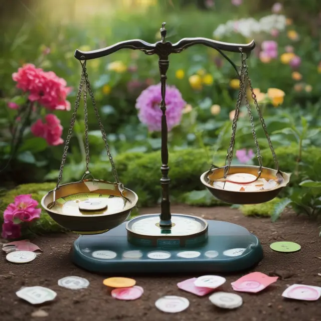 Scales in a garden with various price tags balanced, signifying how hedonic pricing analyzes the economic value assigned to product features.