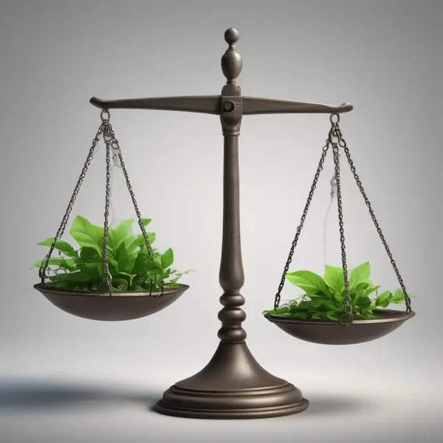A pair of scales measuring economic value against intangible assets in finance, with new growth emerging.