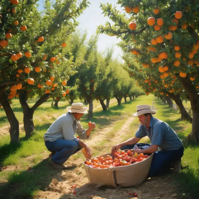 A farmer skillfully tends to an orchard, symbolizing productive efficiency by optimizing resources and maximizing output