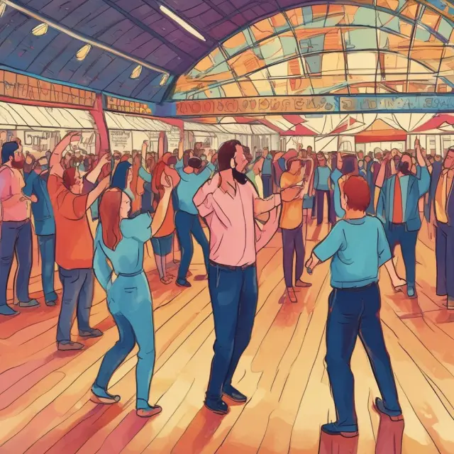 A colorful market dancefloor filled with consumers and producers coming together, symbolizing resource allocation to maximize consumer satisfaction