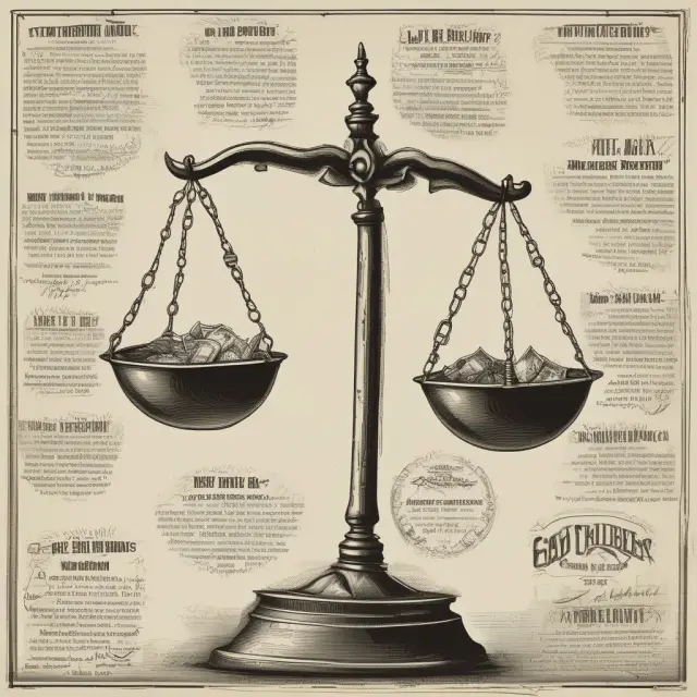 An ancient scale balanced between advertisements representing consumer knowledge and competition, promoting economic efficiency.