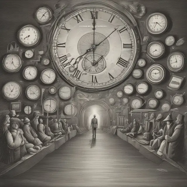 An ancient fortune teller using a crystal ball to reveal future economic indicators, a clock showing the present, and a mirror displaying historical data.