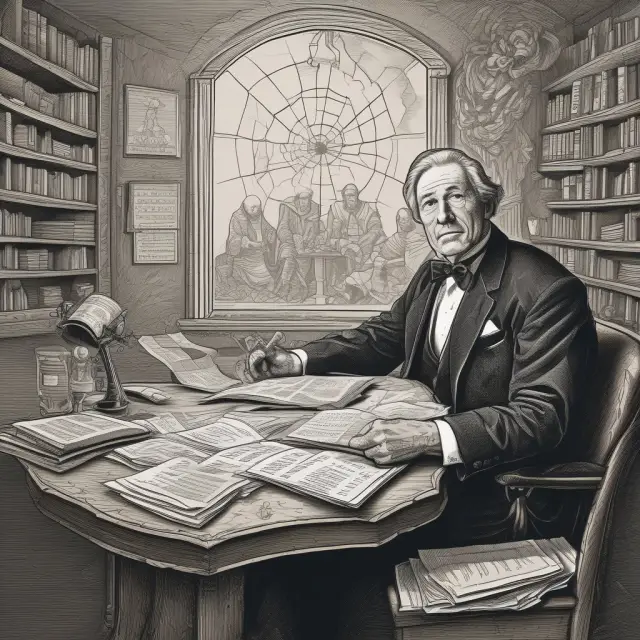 An institutional investor examines various economic indicators while consulting an oracle for wise investment decisions.