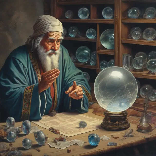 Soothsayer examining crystal balls filled with economic data points for predicting future trends