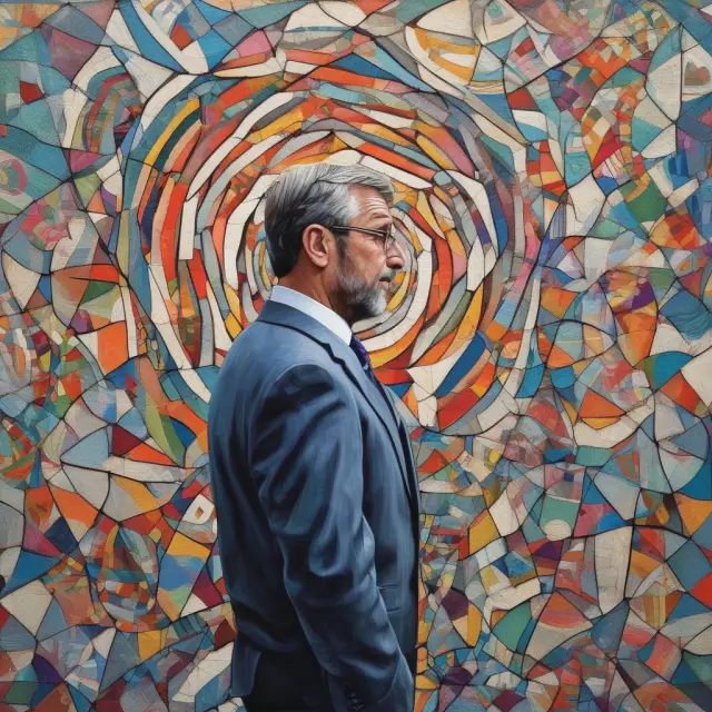 An investor scrutinizing a complex mosaic of economic indicator tiles, symbolizing the challenge of understanding the interconnectedness and limitations of various indicators.