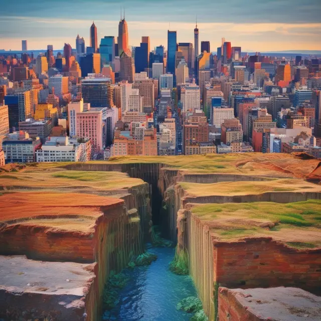 An eroding foundation surrounded by a bustling cityscape, symbolizing the influence of various factors on economic depreciation in real estate