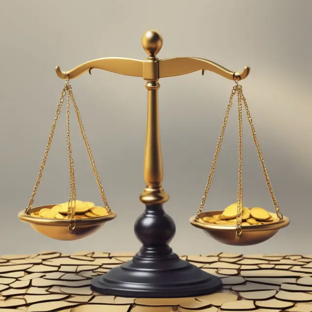 A golden scale balancing stocks, bonds, and real estate, representing investments diversified through economic depreciation.