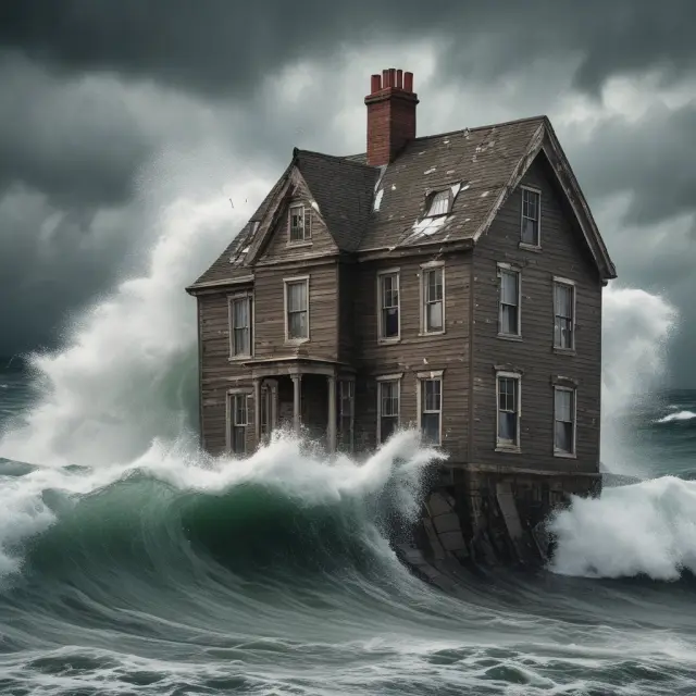 A metaphorical representation of economic depreciation in real estate: a stormy sea with eroding property values, symbolizing the impact of external macroeconomic trends.