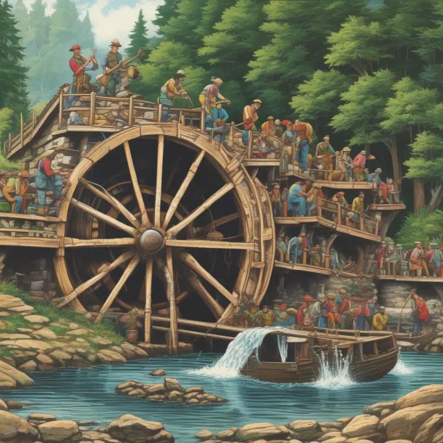 Workers powering an economic waterwheel through their labor input, emphasizing its crucial role in driving growth and consumption