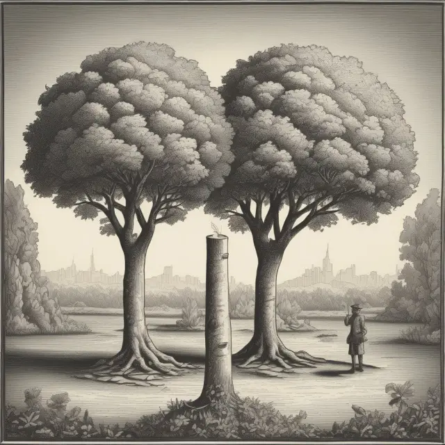 Two trees symbolizing Keynesian and neoclassical economic theories: one rooted in government intervention (Keynesian), the other grounded in private sector investments (Neoclassical)