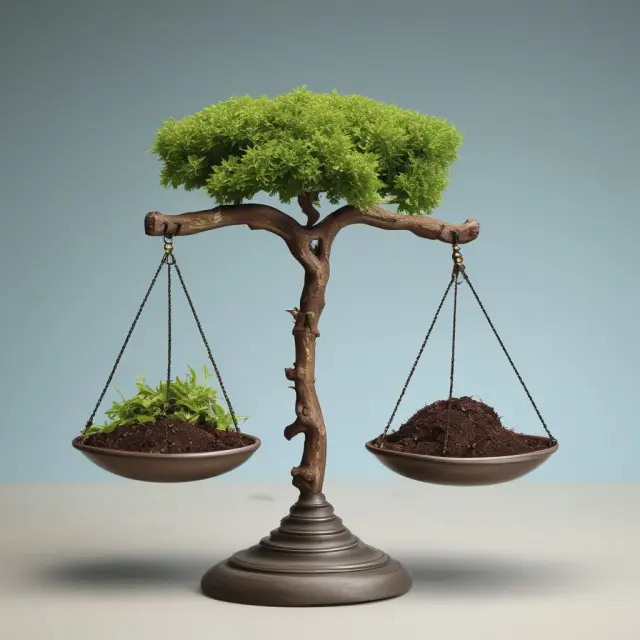 An image of a balanced scale with economic growth represented by one side, the environment symbolized by another, and society on the third side, illustrating sustainable development.