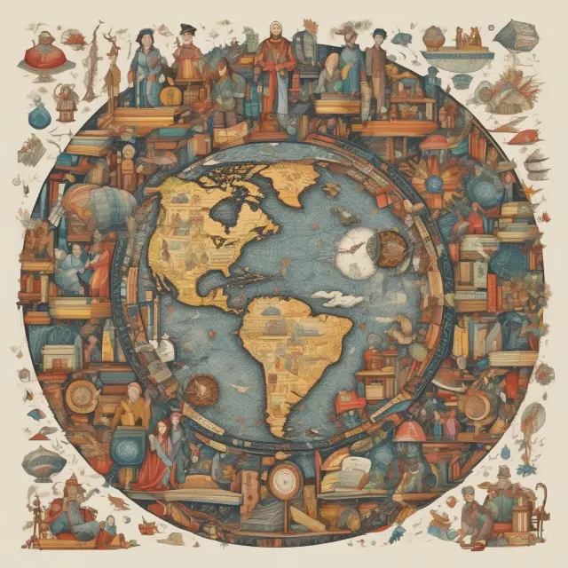 Vibrant mosaic depicting a globe with interlocking gears, representing globalization, population dynamics, and technological advancements fueling economic growth