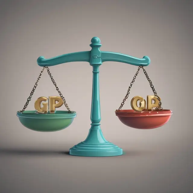 Two scales representing Gross Domestic Product (GDP) and Gross National Product (GNP) with weights symbolizing economic growth rates tipping towards growth.