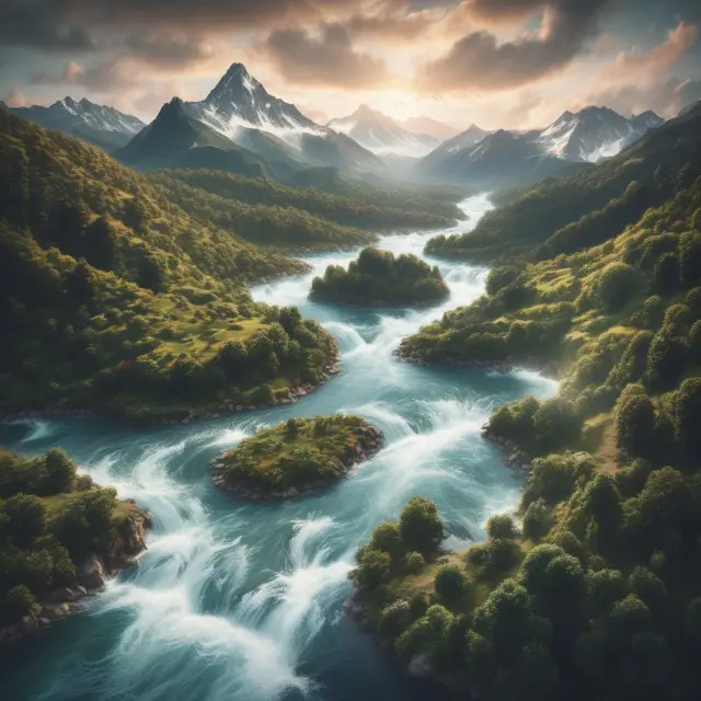 A river representing economic growth shapes into mountains signifying influential factors like productivity, policy, and external events
