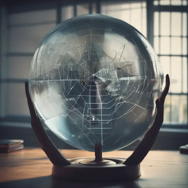 An economist examining trend lines, leading indicators, and econometric models in a crystal ball, predicting future economic growth rates.