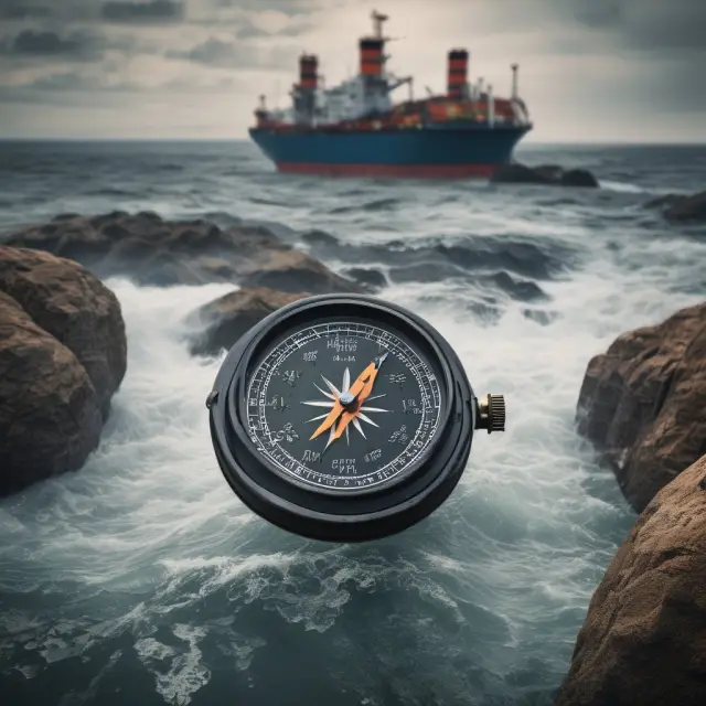 A compass on a stormy sea representing EOQ model navigating dynamic inventory conditions while safety stock anchors ensure stability