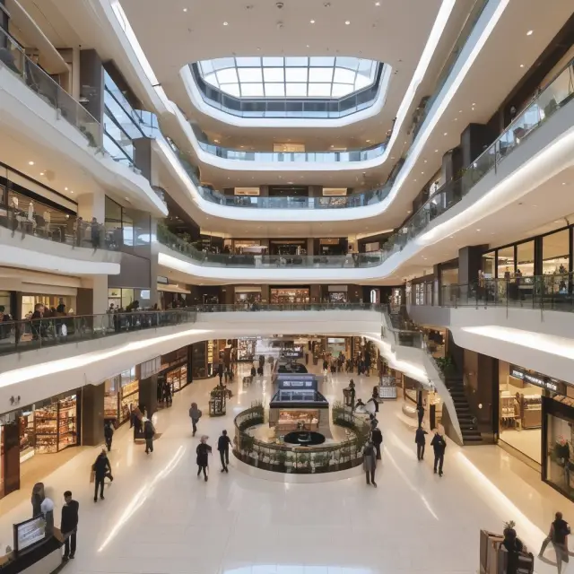 A luxury shopping mall teeming with high-end stores. Retailers pay economic rent for prime locations and exclusivity.