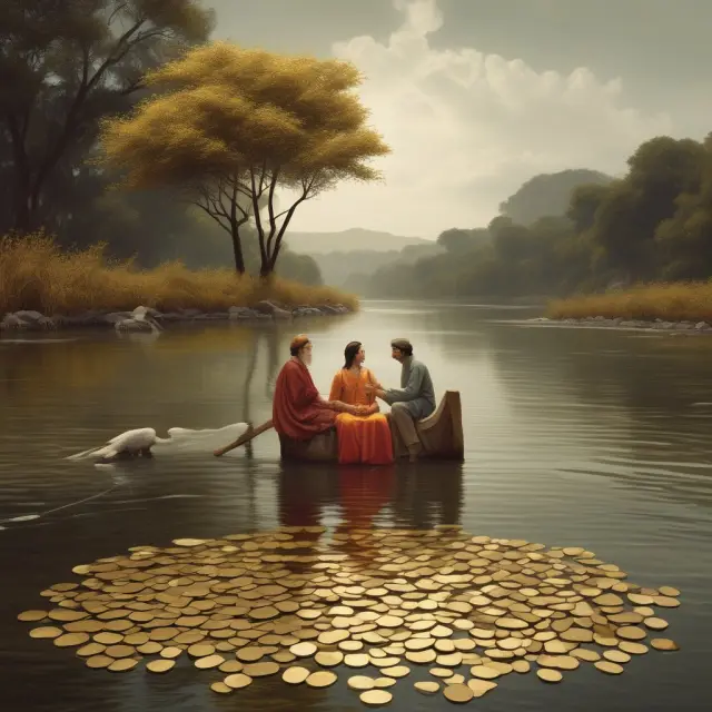 Golden riverbank with questions flowing, oracles answering economic rent queries.