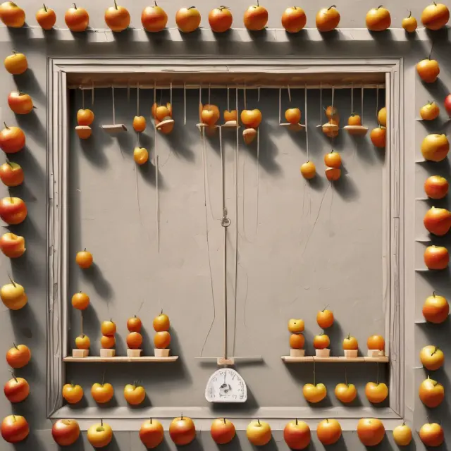 Two scales: one for consumer choices with apples (wants) and oranges (needs), the other for firm production, amidst a market maze
