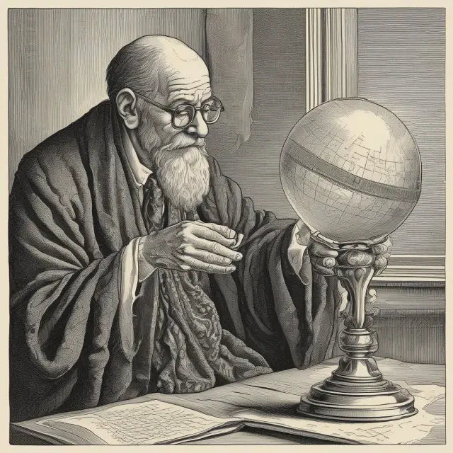 An economist, depicted as a soothsayer, holds a crystal ball displaying various economic indicators while analyzing market trends.