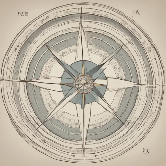 A colorful compass with six pointers symbolizing the six essential economic indicators - GDP, CPI, retail sales, industrial production, employment data, and capacity utilization ratio.