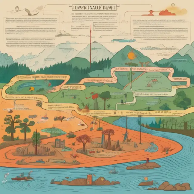 An image of a serene river representing history with five distinct islands symbolizing Primitivism, Feudalism, Capitalism, Socialism, and Communism