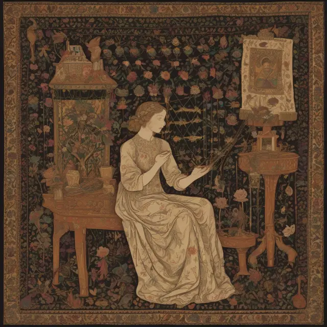 A banker artfully creating a tapestry representing the Economic Value of Equity (EVE), with each thread symbolizing asset or liability cash flows