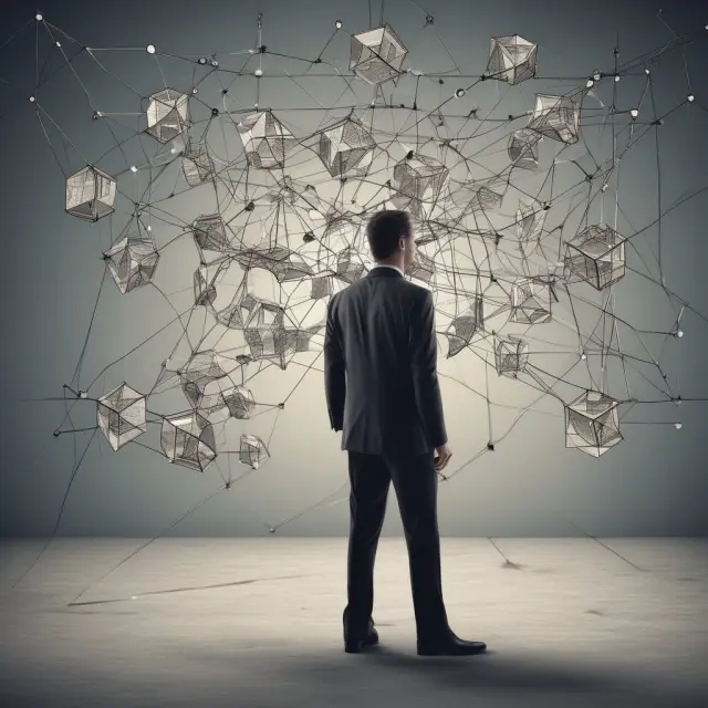 Analyst examining a complex web of cubes depicting future cash flows and assessing assumptions for EVE calculations