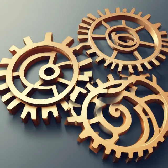Two interconnected gears illustrating economies of scale: one large gear for larger businesses, one small for smaller businesses - cost savings, increased productivity.
