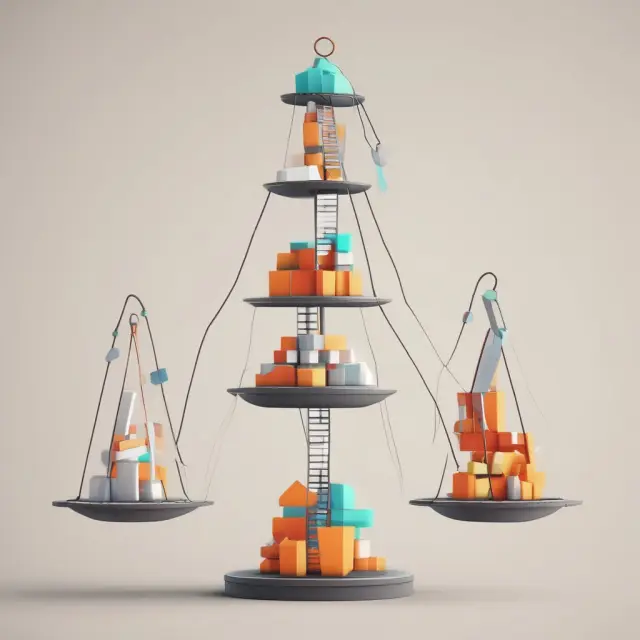 A towering structure of scales representing accounting, IT, and marketing functions combining for cost savings