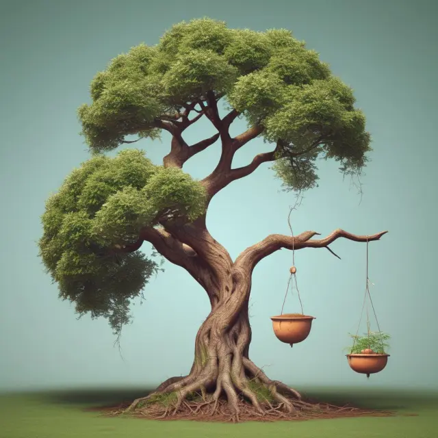 An overgrown tree struggling to bear fruit due to rising costs, symbolizing dis-economies of scale