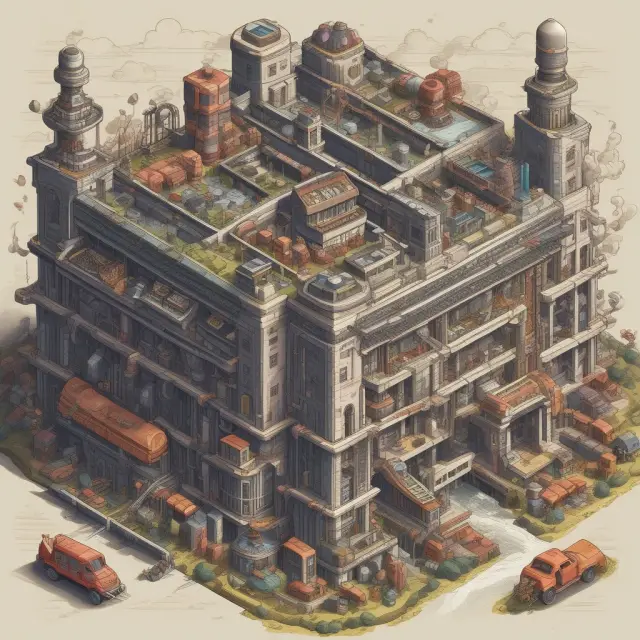 Colossal factory incorporating multiple micro-factories, illustrating economies of scale
