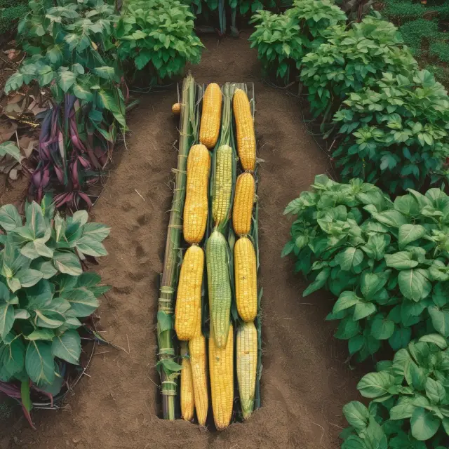 An image of a thriving garden featuring corn, beans, and squash growing together, representing the concept of economies of scope through shared resources and complementary processes.