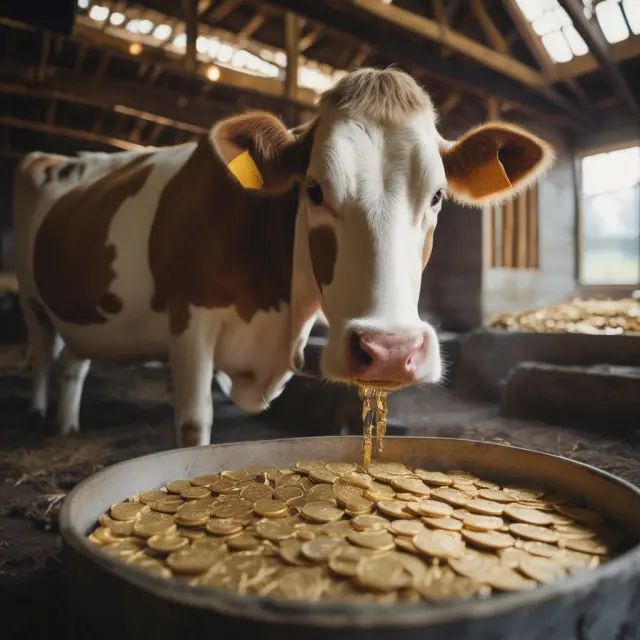 A dairy cow yielding coins from its milk and whey, symbolizing the transformation of byproducts into valuable commodities in economies of scope