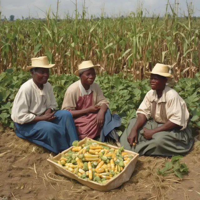 A garden thriving with corn, beans, and squash illustrating how shared inputs lead to cost savings through complementary production processes