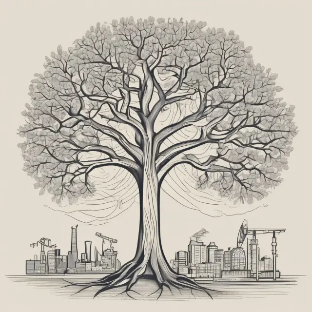 Tree growing branches towards multiple industries, representing economies of scope for cost savings and revenue growth