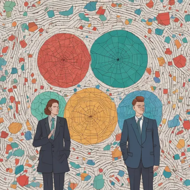 Economists examining a vibrant mosaic depicting various market aspects: Microeconomics, Macroeconomics, and Behavioral Economics.