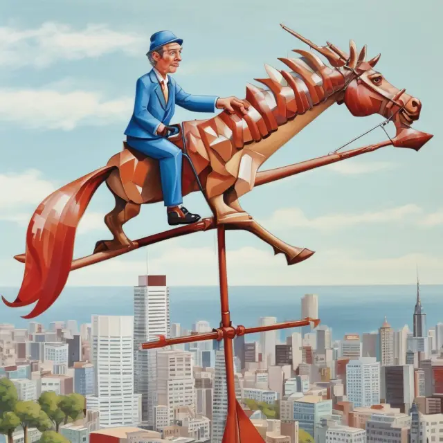 An economist depicted as a weathervane, turning to analyze various economic indicators and data to guide strategic plans