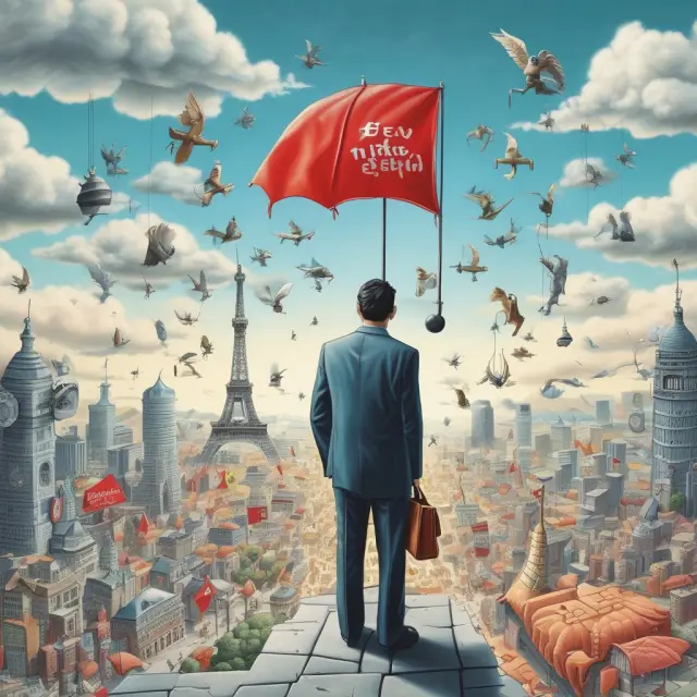 An economist holding a weathervane amidst a dynamic business landscape, symbolizing their role in providing strategic insights and forecasting