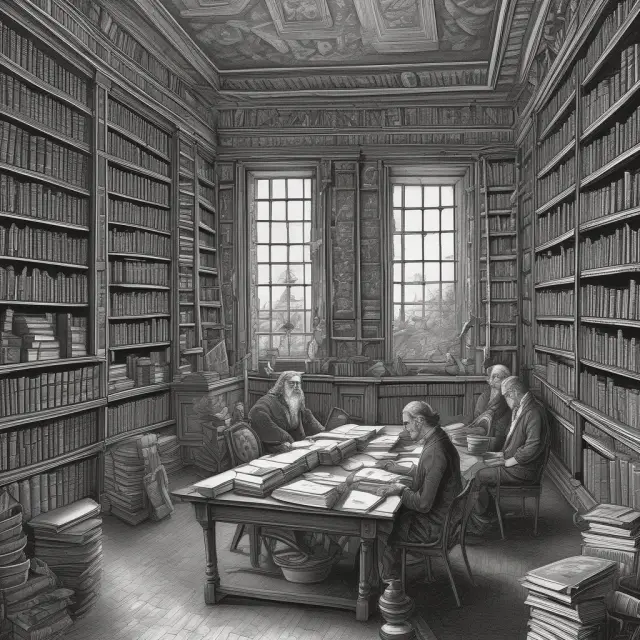 Economists in academia working on research, surrounded by books and chalkboards