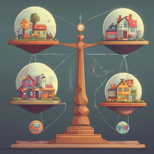 A household and firm standing on either side of a balance scale, microeconomics influencing the weights while economic indicators like GDP, employment, inflation, and trade adjust the balance.